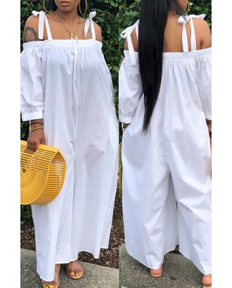 Lovely Leisure Lace-up Loose White One-piece Jumpsuit