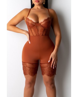 Lovely Sexy Hollow-out Brown One-piece Romper