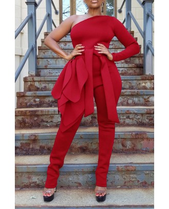 Lovely Leisure One Shoulder Red One-piece Jumpsuit