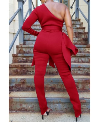 Lovely Leisure One Shoulder Red One-piece Jumpsuit