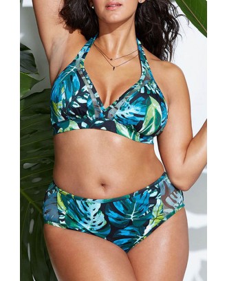 Lovely Printed Green Plus Size Two-piece Swimwear
