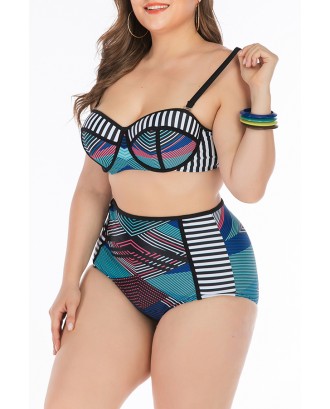Lovely Striped Blue Plus Size Two-piece Swimwear