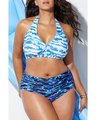 Lovely Printed Blue Plus Size Two-piece Swimwear