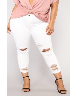Lovely Casual Hollow-out White Plus Size Jeans