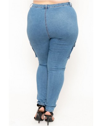 Lovely Casual Pocket Patched Baby Blue Plus Size Jeans