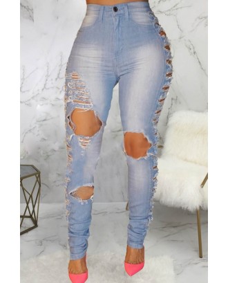 Lovely Casual Hollow-out Blue Plus Size Jeans