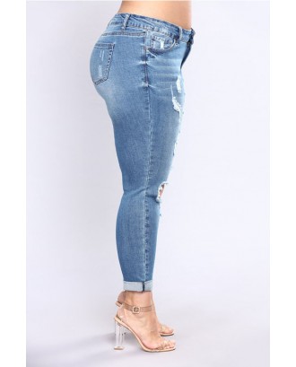 Lovely Casual Hollow-out Skinny Blue Plus Size Jeans