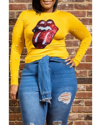 Lovely Casual Lip Print Yellow  Plus Size T-shirt