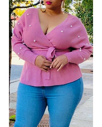 Lovely Casual V Neck Pink Plus Size Sweater