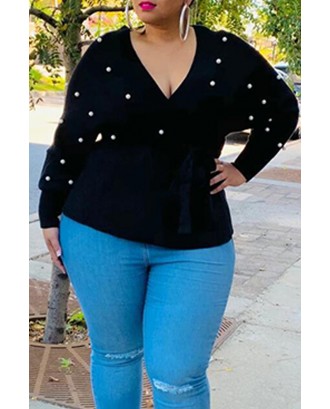 Lovely Casual V Neck Black Plus Size Sweater