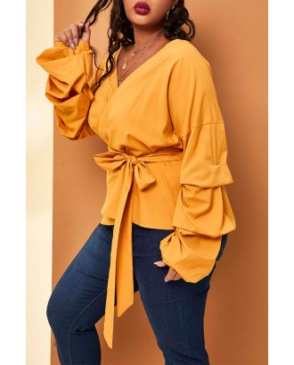 Lovely Casual Lace-up Yellow Plus Size Blouse