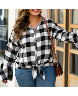 Lovely Casual Plaid Printed Black Plus Size Blouse
