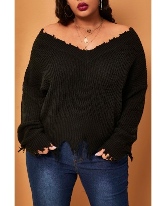 Lovely Casual V Neck Tassel Design Black Plus Size Sweater