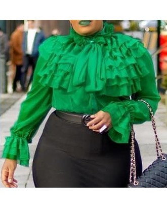 Lovely Casual Flounce Design Green Plus Size Blouse