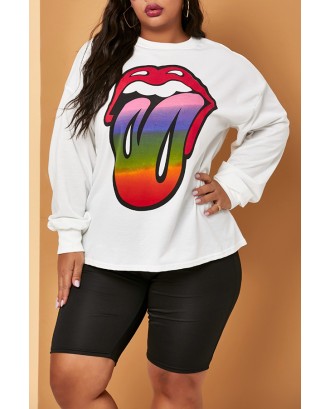 Lovely Casual Lip Printed White Plus Size Hoodie