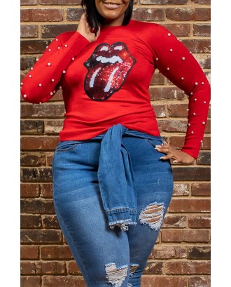 Lovely Casual Lip Print Red Plus Size T-shirt