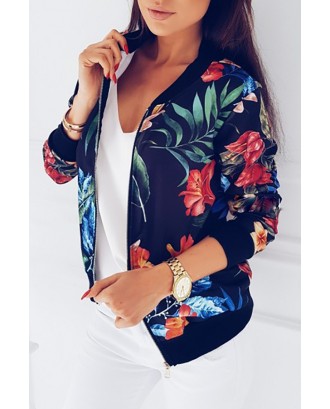 Lovely Casual Floral Printed Navy Blue Lace Jacket