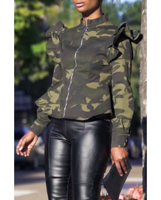 Lovely Casual Camouflage Printed Green Coat