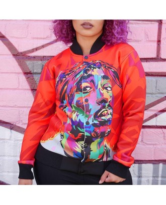 Lovely Casual Portrait Printed  Red Knitting Jacket