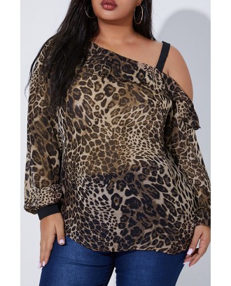 Lovely Casual Dew Shoulder Leopard Printed Plus Size Blouse