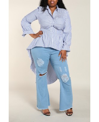 Lovely Sweet Striped Blue Plus Size Shirt