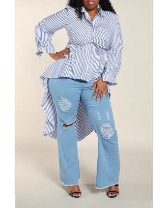 Lovely Sweet Striped Blue Plus Size Shirt