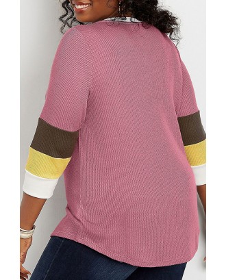 Lovely Casual V Neck Patchwork Pink Plus Size T-shirt