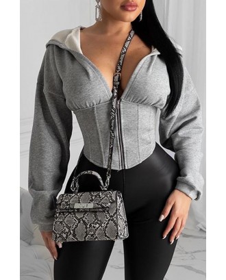 Lovely Chic Hooded Collar Zipper Design Grey Hoodie