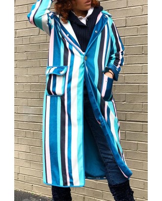 Lovely Trendy Striped Blue Trench Coat