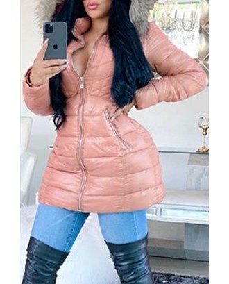 Lovely Casual Hooded Collar Pink Winter Coat