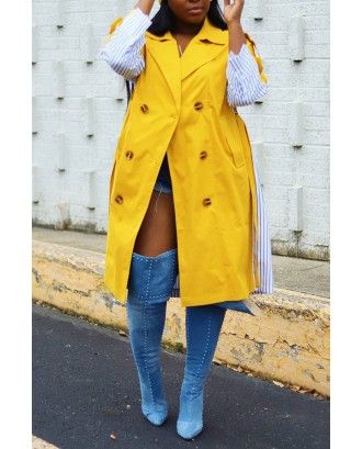 Lovely Casual Patchwork Buttons Yellow Trench Coat