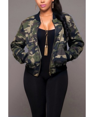 Trendy Round Neck Camouflage Printed Polyester Jacket