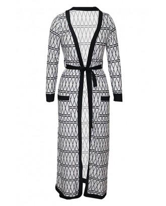 Lovely Casual Printed Long Greyish White Coat(With Belt)