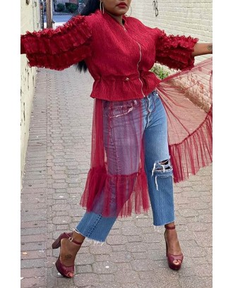 Lovely Trendy Patchwork Wine Red Coat