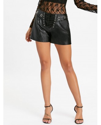 PU Leather Lace Up Shorts - Black L
