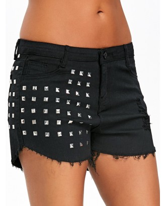 Rivet Embellished Frayed Denim Shorts - Black S