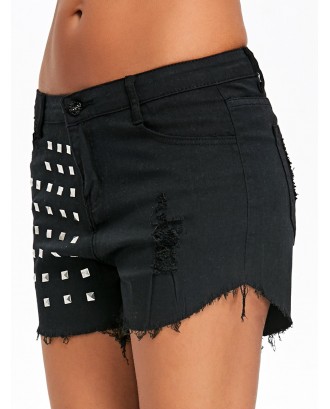 Rivet Embellished Frayed Denim Shorts - Black S