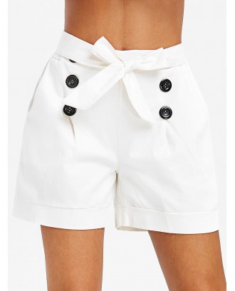 Button Embellished Belted Pocket Shorts - White M