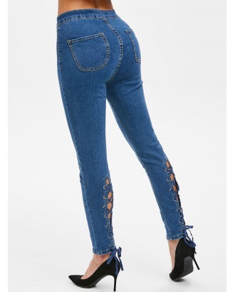 Lace Up High Rise Skinny Jeans - Denim Dark Blue S