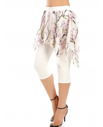 Print Layered Ruched Cropped Pants - White M