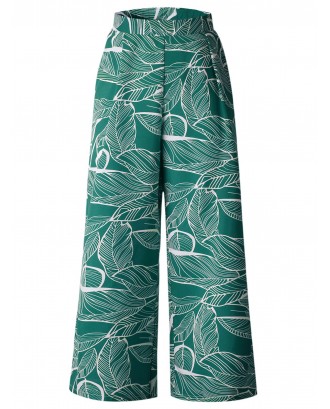 High Waist Leaves Print Wide Leg Pants - Green M