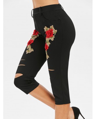 Floral Applique Pocket Distressed Capri Pants - Black S