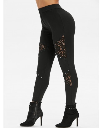 Studded Lace Insert Skinny Pants - Black S