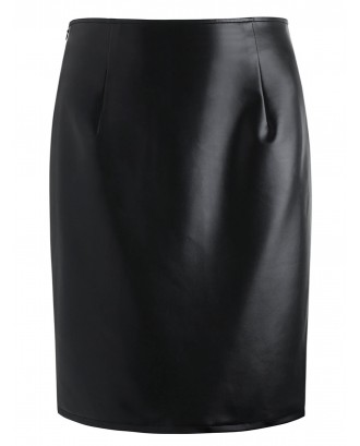 High Waist Lace Insert Faux Leather Skirt - Black M