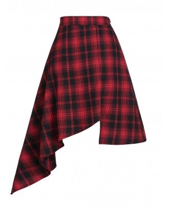 High Rise Asymmetrical Plaid Skirt - Red M