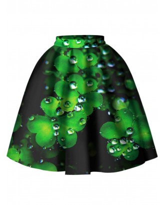 High Waist Knee Length Leaf Skirt - Green L