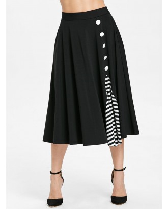 Stripe Panel Buttons Embellished A Line Skirt - Black S