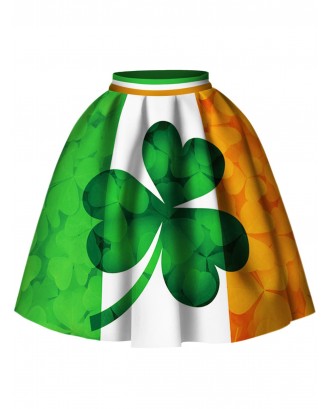Leaf Print Knee Length Skirt - Green S