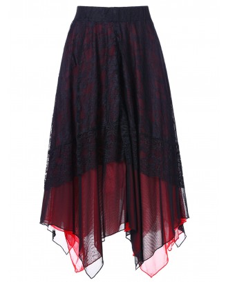 High Waist Lace Insert Handkerchief Skirt - Black L