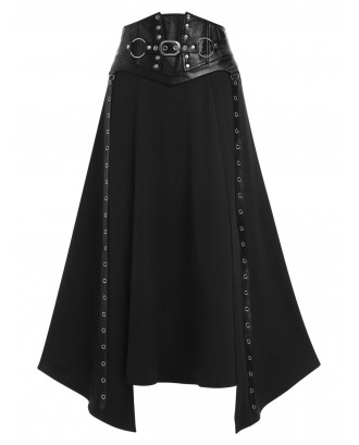 Faux Leather Buckle Strap Rivet Embellished Lace-up Asymmetric Gothic Skirt - Black M